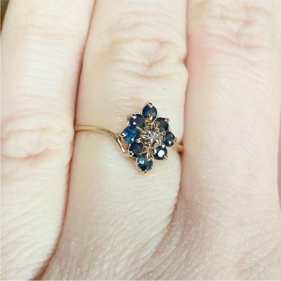 14K Natural Sapphire Diamond cluster pyramid dark blue yellow gold ring - Picture 5 of 10